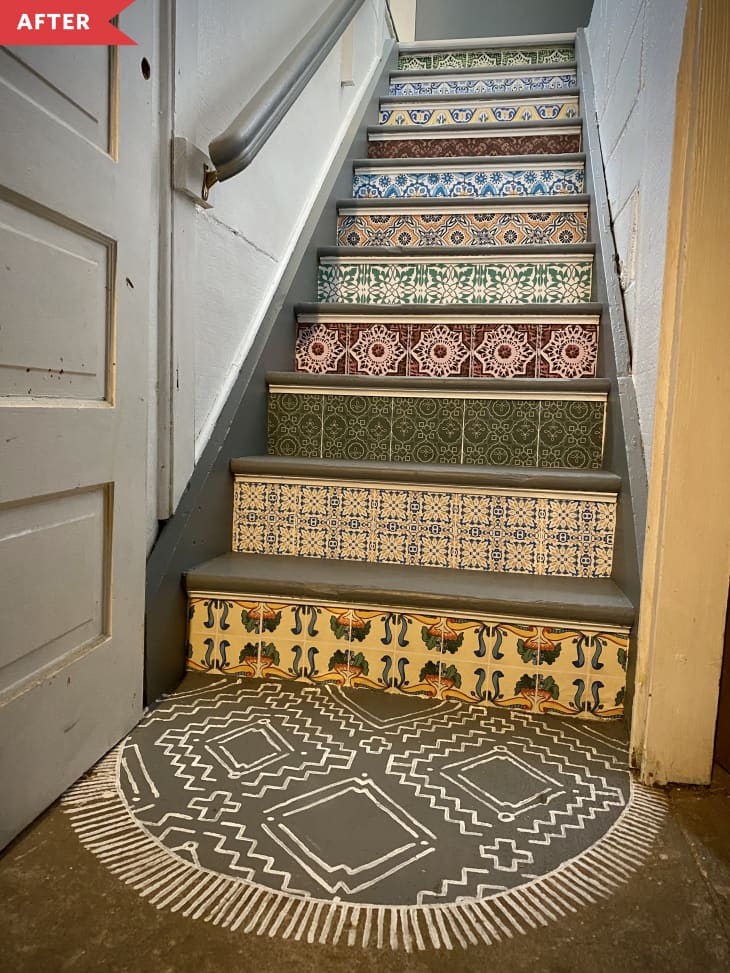 After: Patterned faux tiled stairs