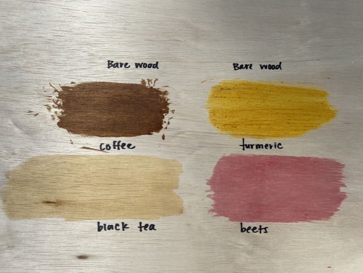coffee, tea, turmeric, and beet stains on bare wood