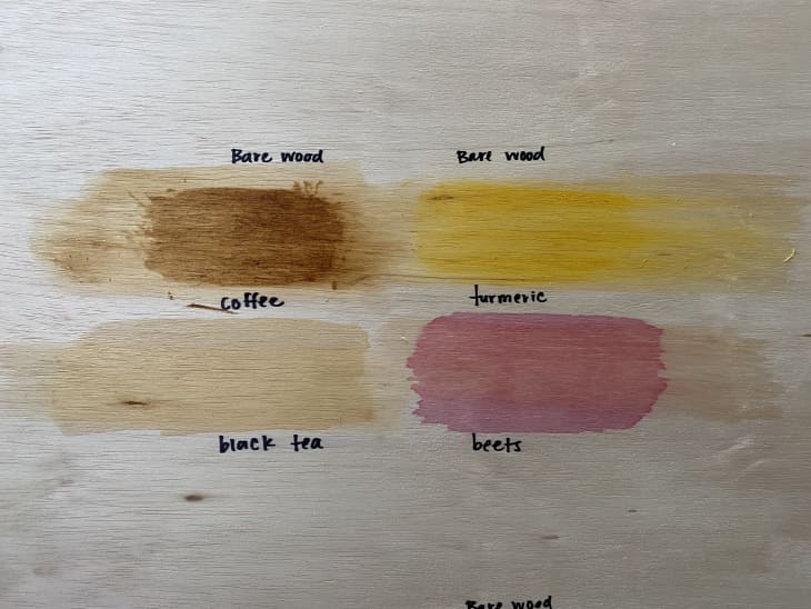 coffee, tea, turmeric, and beet stains, wiped with a damp towel