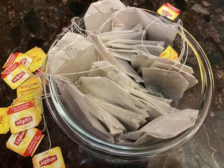 Glass bowl filled with teabags