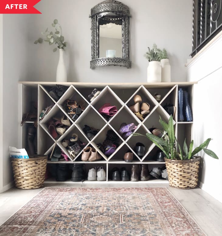After: Organized entryway with geometric shoe cubby