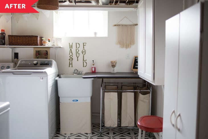 After: White laundry room with patterned floor