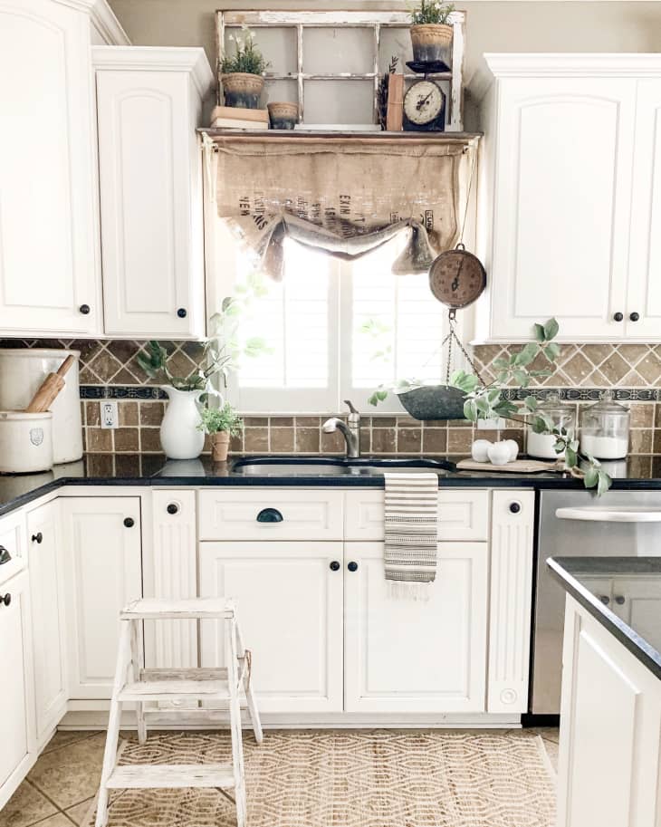 Kitchen window with DIY burlap curtains