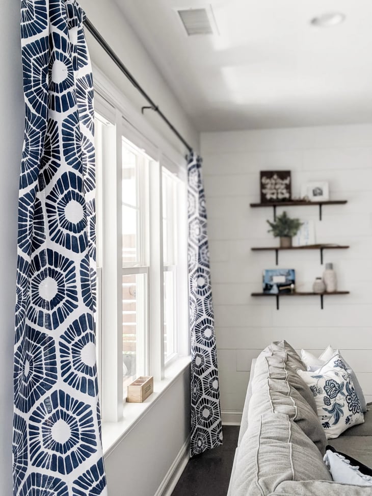 Navy and white patterned DIY curtains