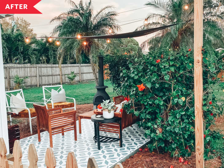 After: Patterned patio with new furniture, chiminea, and string lights