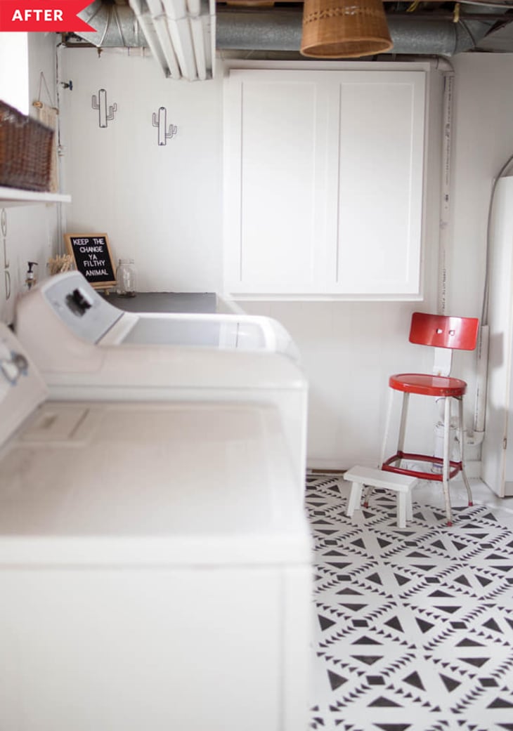 After: White painted laundry room with geometric stenciled floor