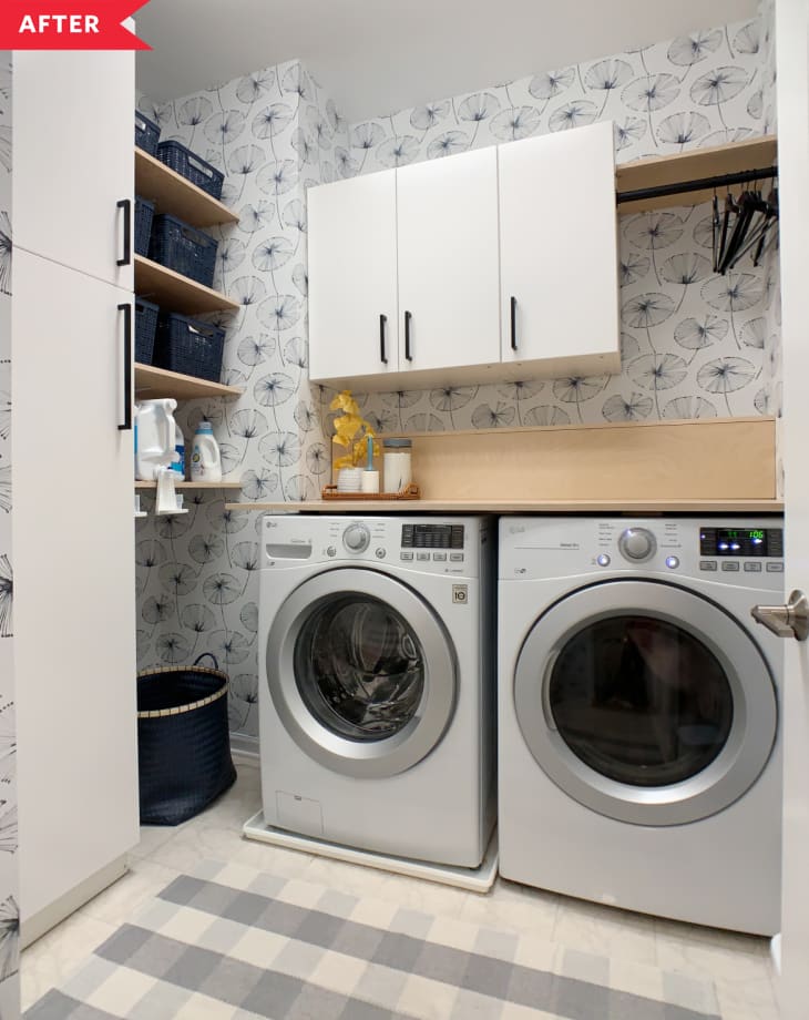 After: Wallpapered laundry room with organized shelves