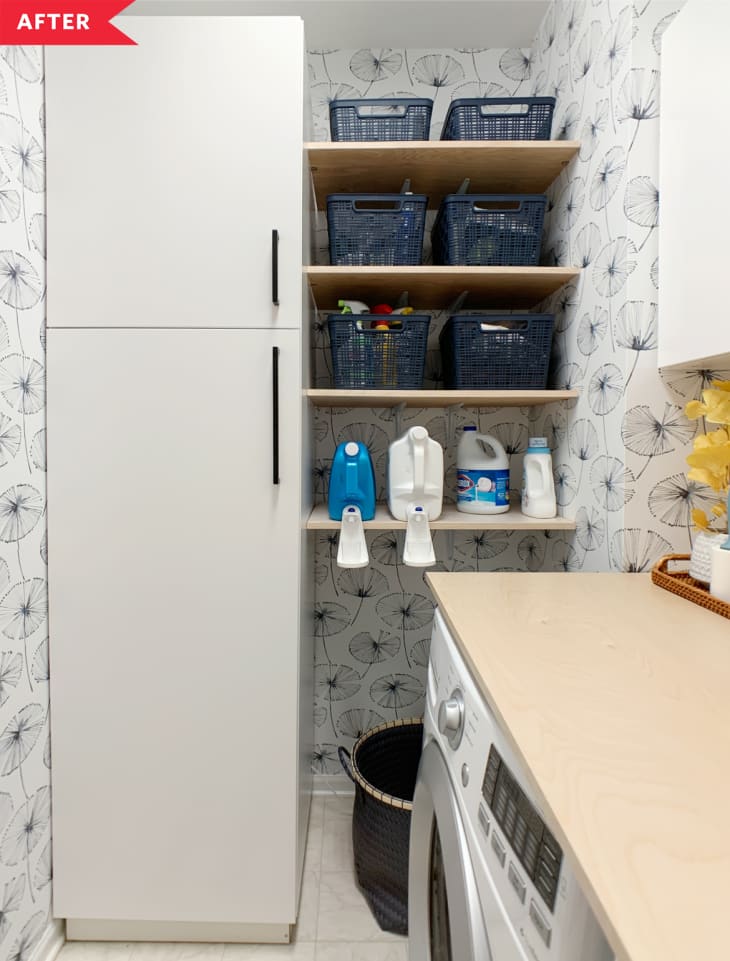 After: Laundry room with organized shelves and enclosed cabinets