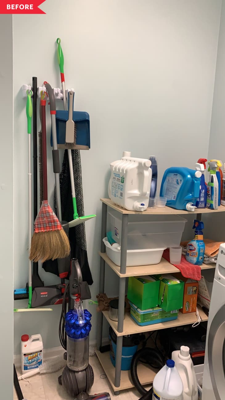Before: Cluttered laundry room storage area