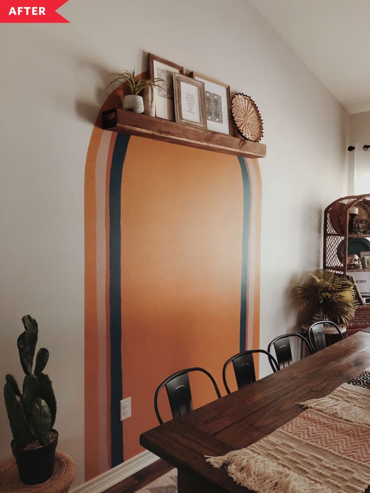 After: Dining room with three-color arch painted on wall, plus floating shelf