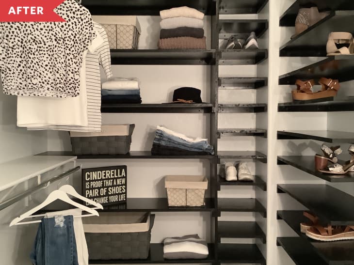 After: Gray closet with black shelves in varying sizes