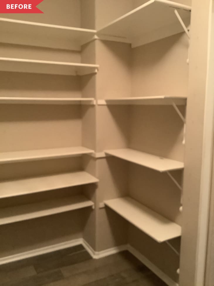 Before: beige closet with white shelves
