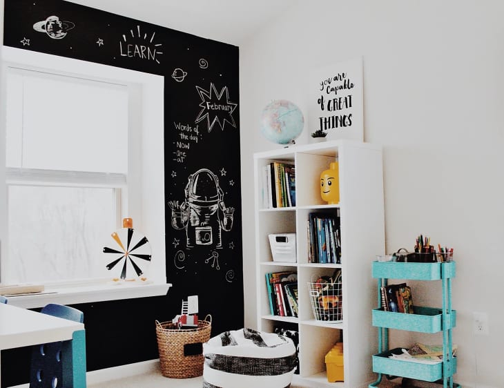 chalkboard accent wall filled with chalk doodles