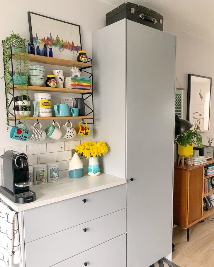 Wall-mounted shelving to create a coffee bar