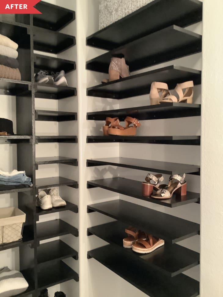 After: Gray closet with black shelves in varying sizes