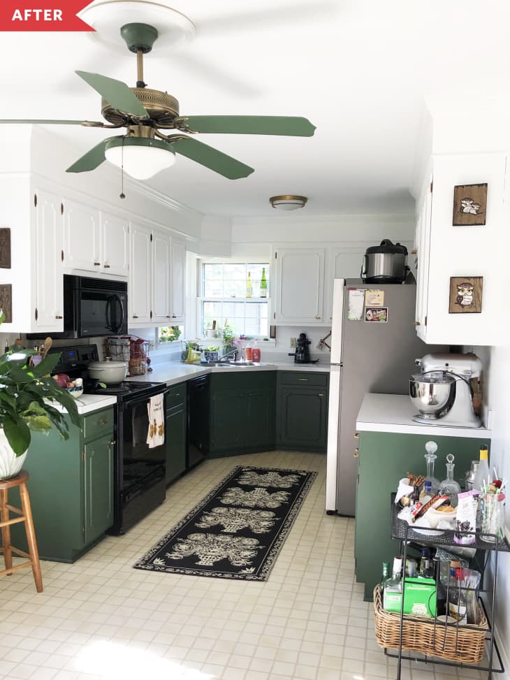 After: green and white kitchen with green ceiling fan