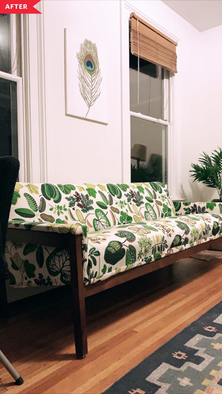 After: mid-century sofa with leafy fabric covering