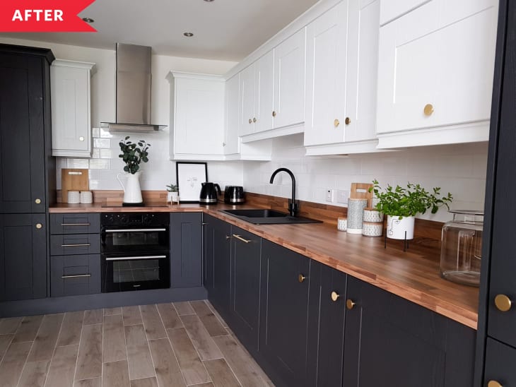 After: kitchen with black base cabinets, white upper cabinets, and wood counters