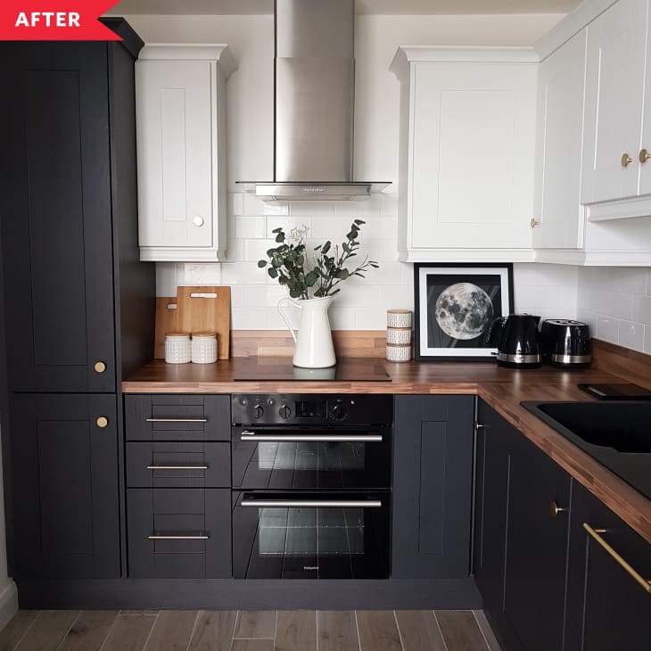 After: kitchen with black base cabinets, white upper cabinets, and wood counters