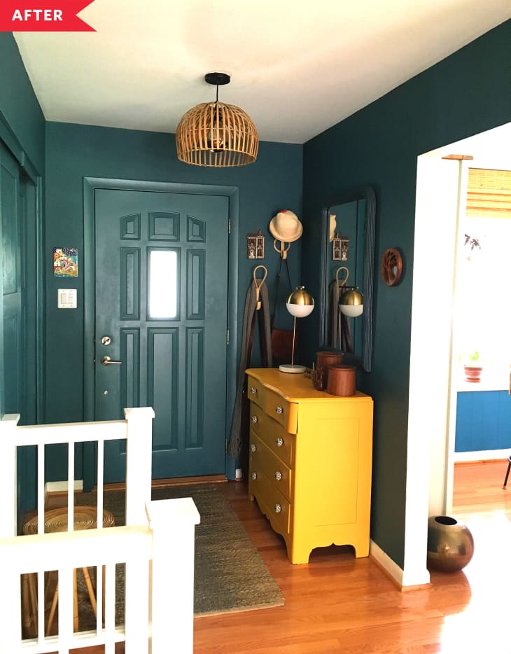 After: Green entryway with yellow dresser