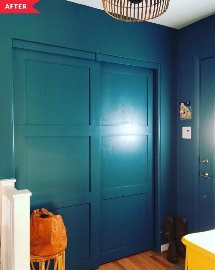 After: Entryway with green painted closet doors