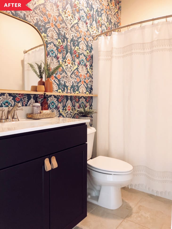 Colorful Wallpaper Bathroom Redo For 160 Apartment Therapy