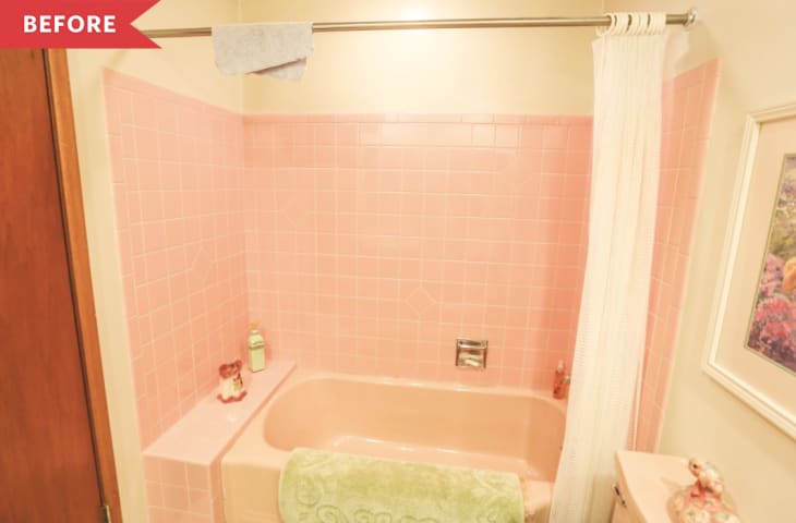 Before: Vintage bathroom with pink tub and tile