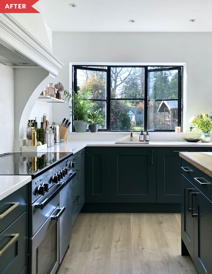 Open-Concept Kitchen with Open Shelves and Dark Base ...