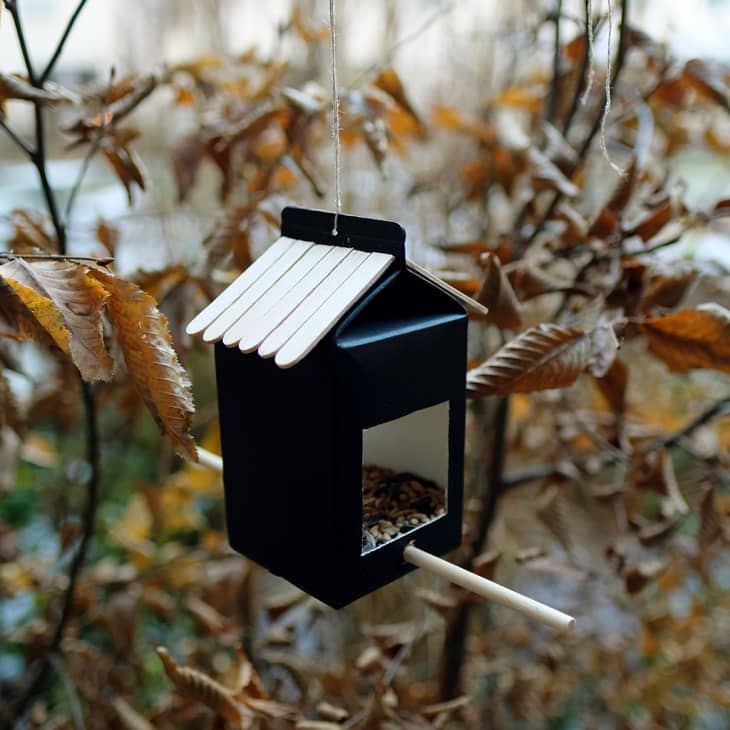 DIY house-shaped bird feeder with black and wood details