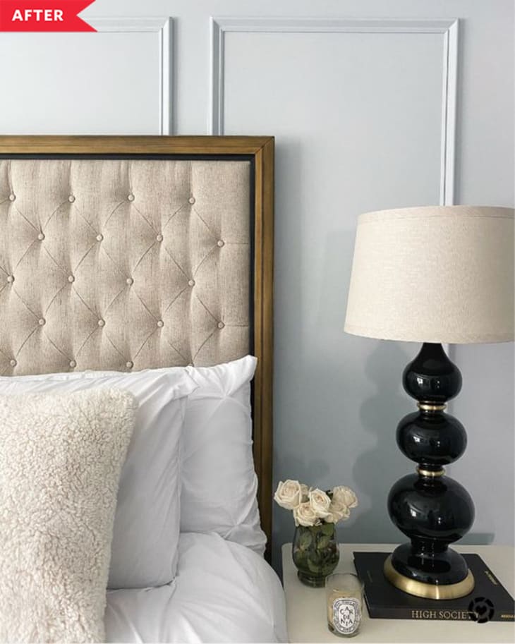 close-up of tufted Alexandra headboard and Parker table lamp, both from Ballard Designs