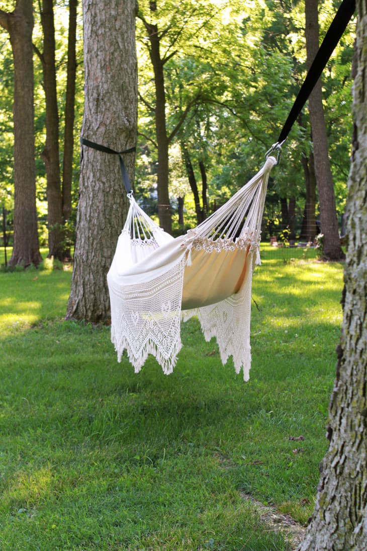 cotton fringed hammock mounted between two trees