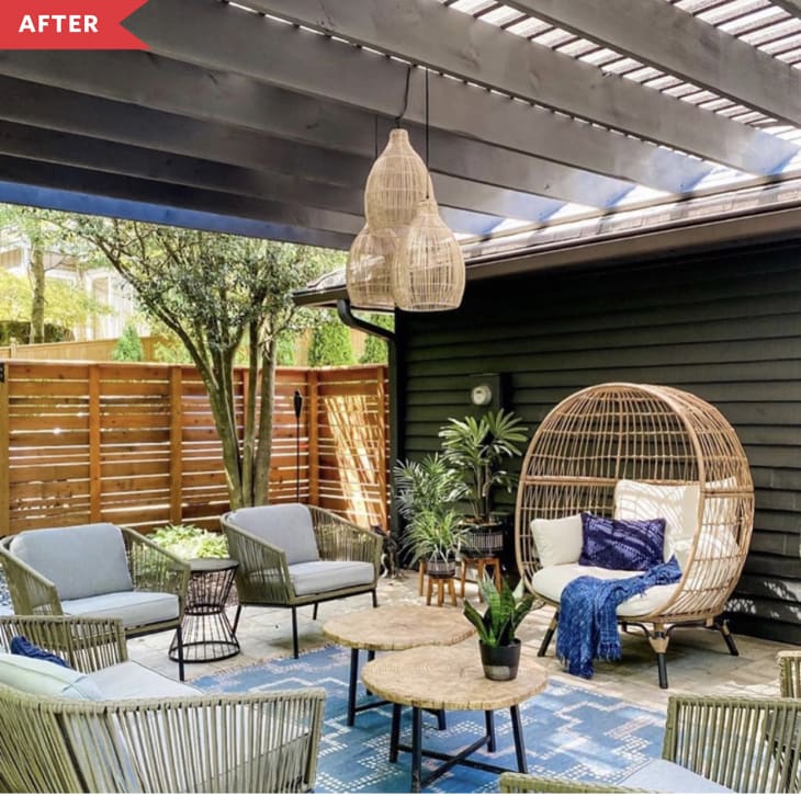 After: patio with pergola overhead for shade, plus seating and end tables