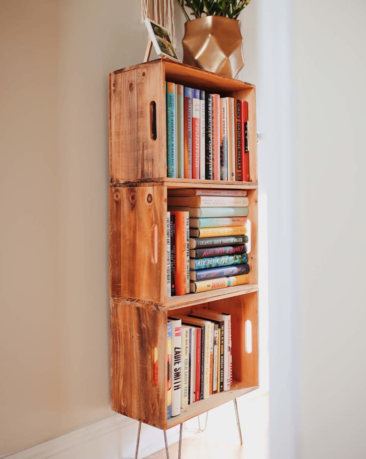 bookshelf made from wood crates on hairpin legs
