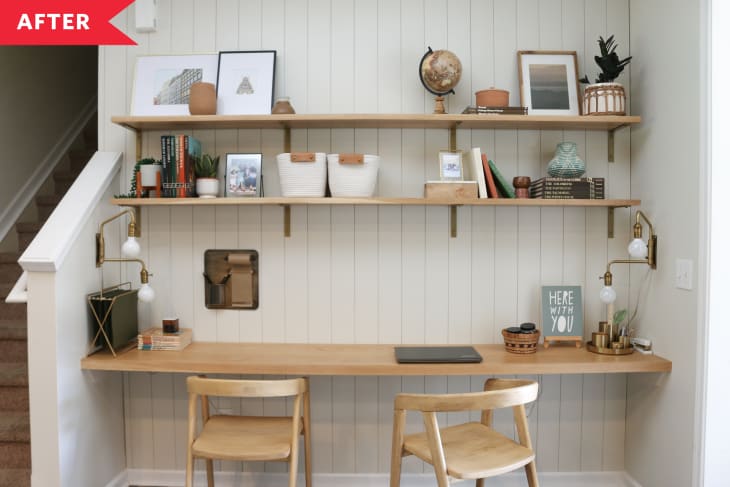 After: desk area with two desk chairs and open shelving above