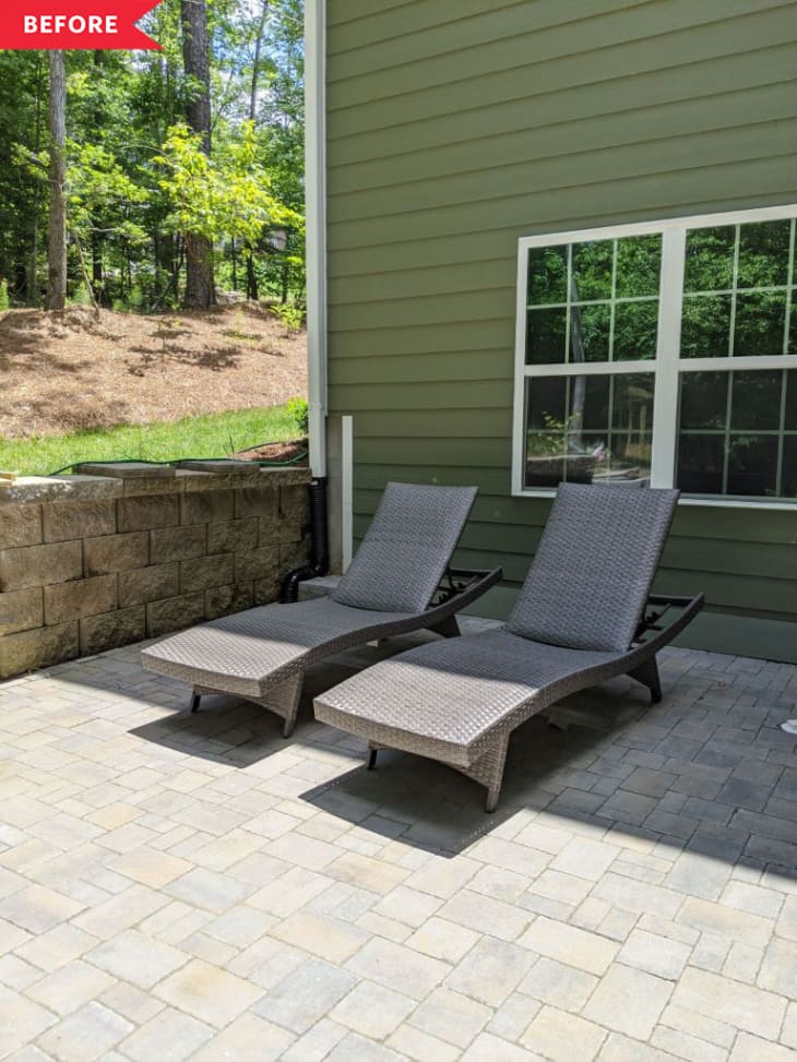 Before: Gray lounge chairs on an otherwise empty patio