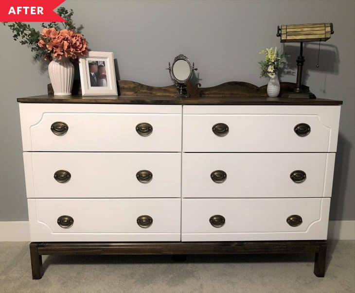 IKEA Tarva dresser painted white with dark wood top and legs, and vintage-style routing on drawer fronts