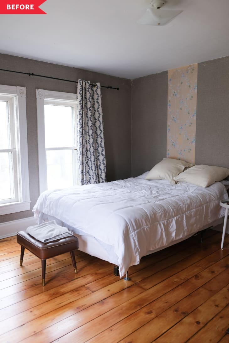 以前:卧室，灰色的墙壁，有图案的窗帘，木地板