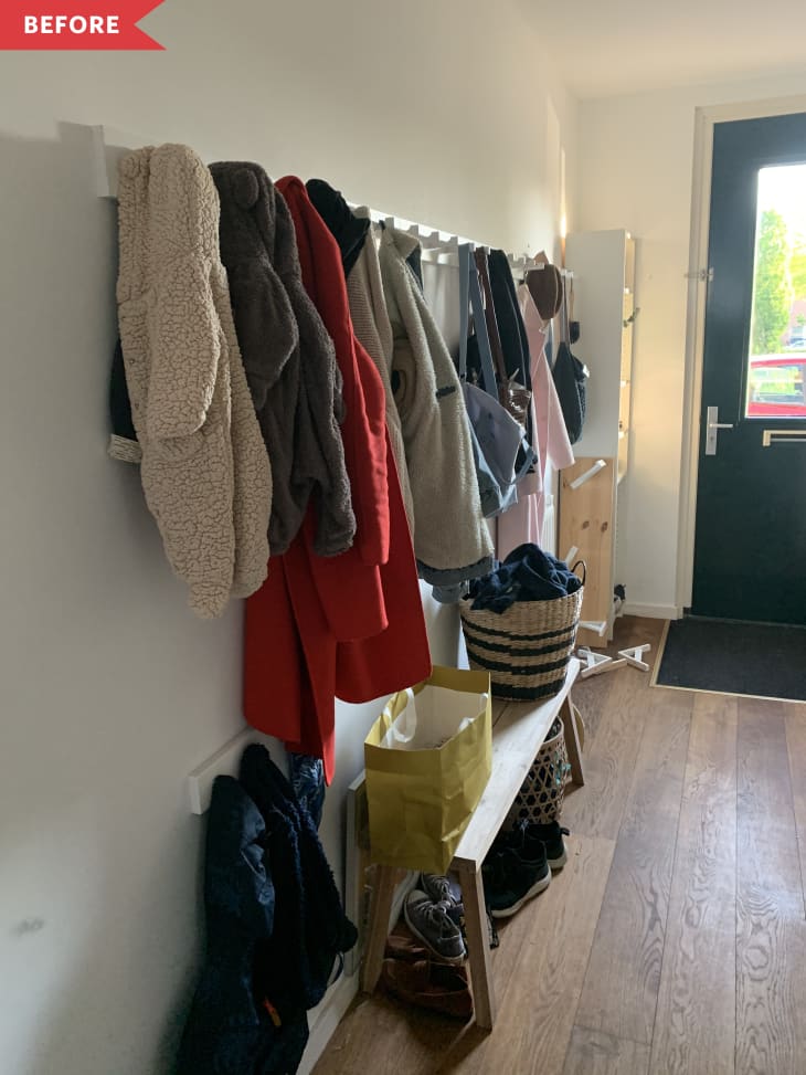Before: entryway over-filled with coats, hats, bags, and more hanging from a single peg rail