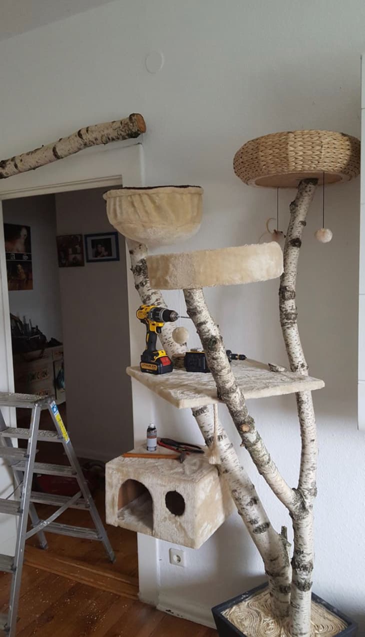 cat tree made with repurposed parts