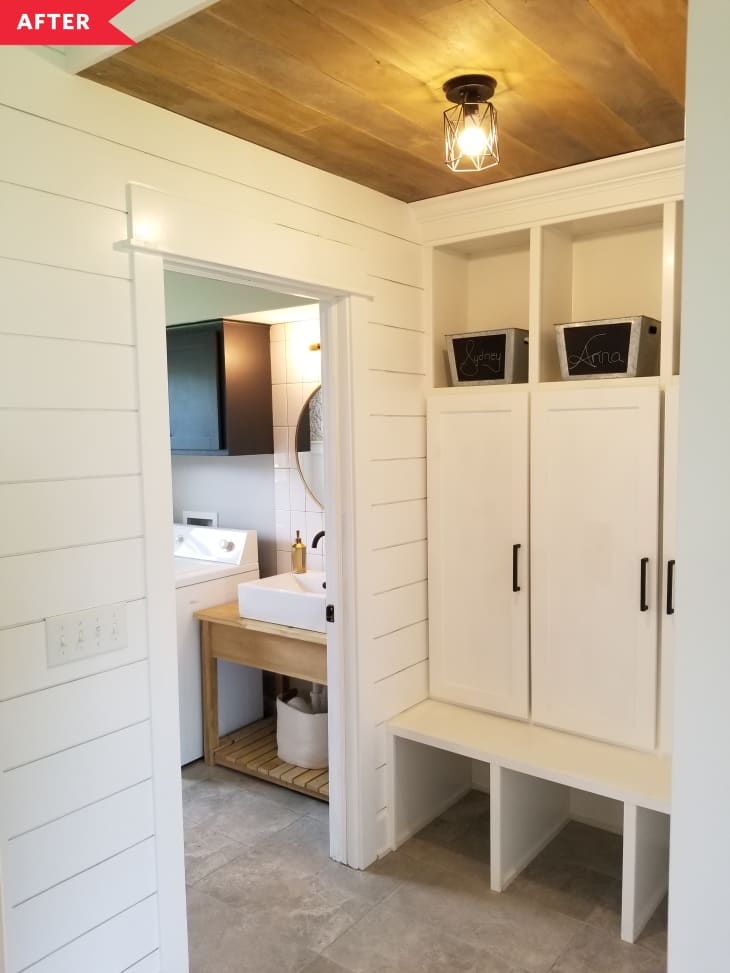 After: mudroom with locker storage, looking into laundry room/bathroom