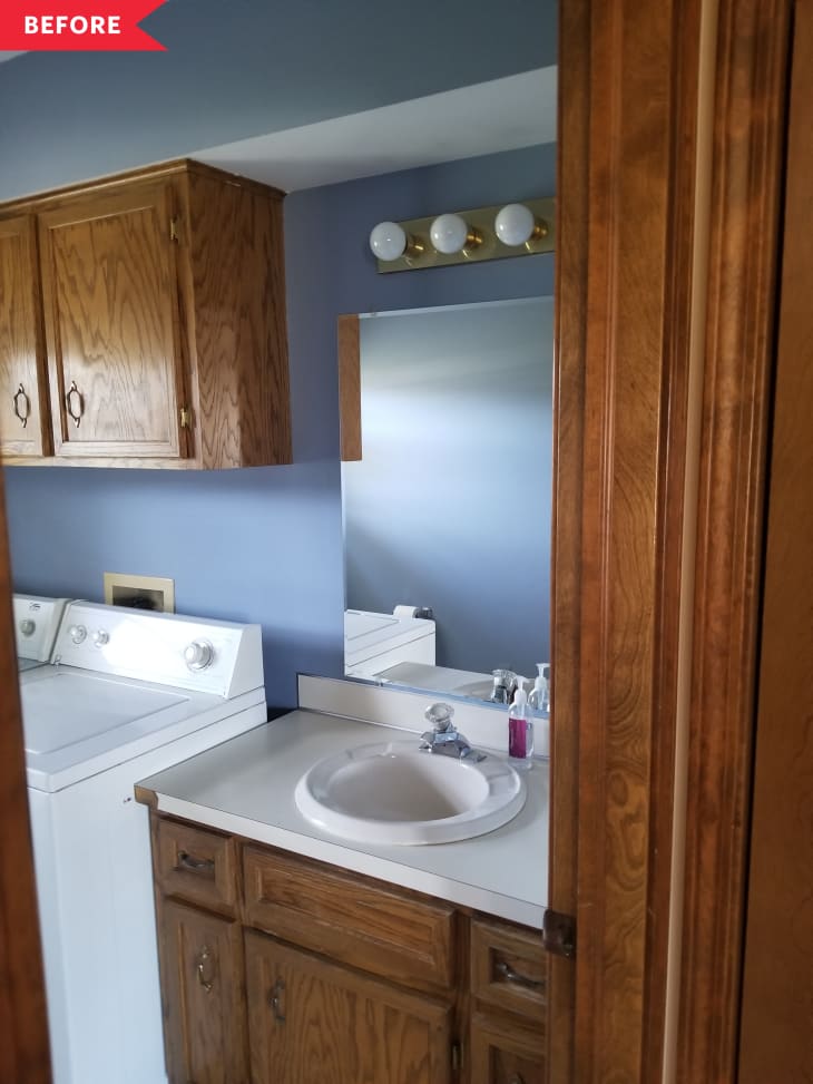 Before: dark wood bathroom/laundry room with blue walls