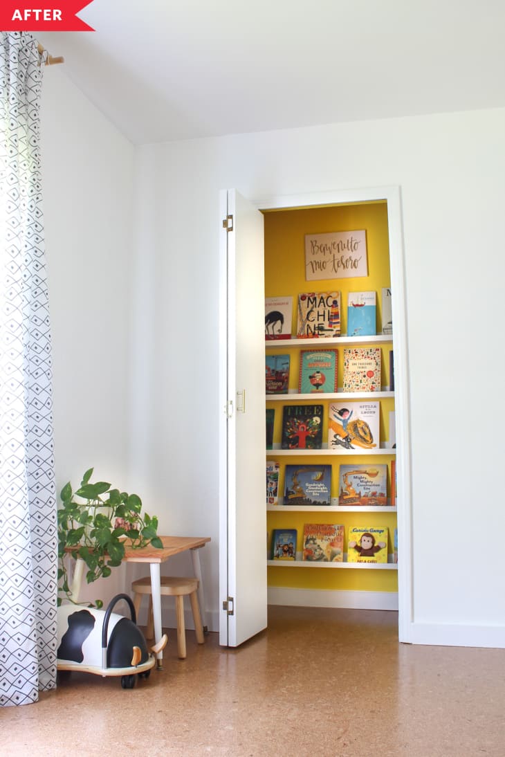 After: yellow closet interior with bookshelves lining the back