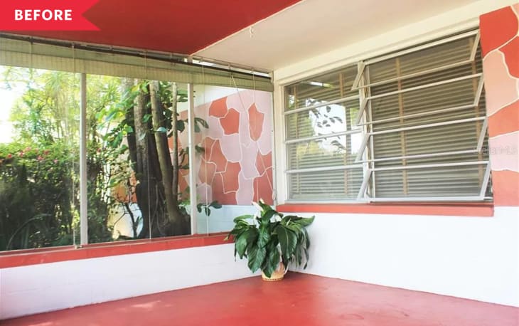 Before: red porch with pink and red camo-patterned house exterior and white door