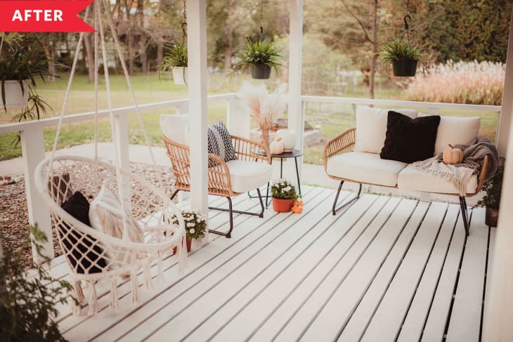 After: Whitewashed patio with boho-style furniture
