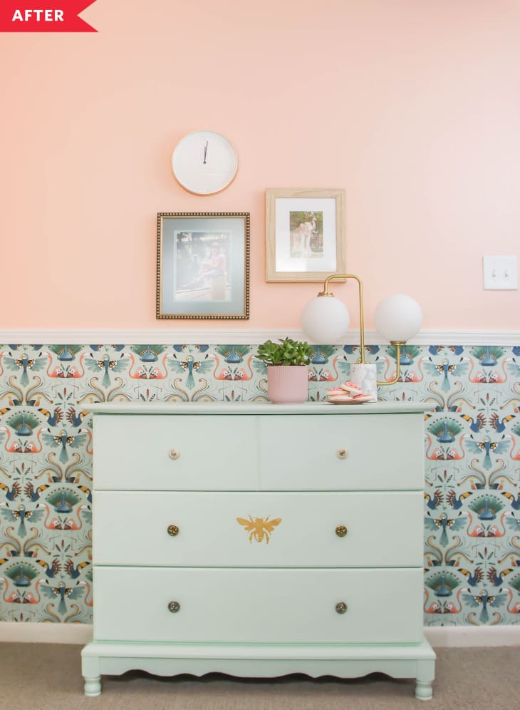 After: green-painted dresser with gold bee design
