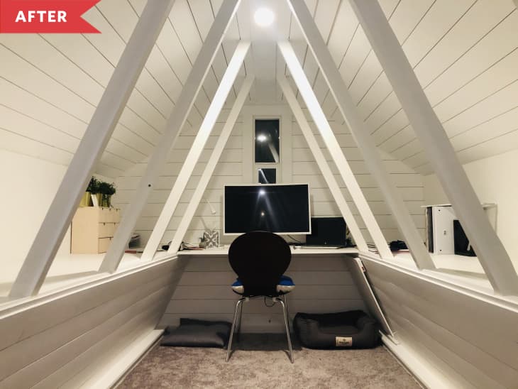 After: Home office in attic finished with white shiplap