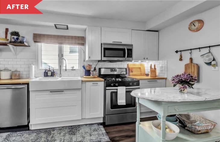After: Kitchen with white cabinets and subway tile backsplash