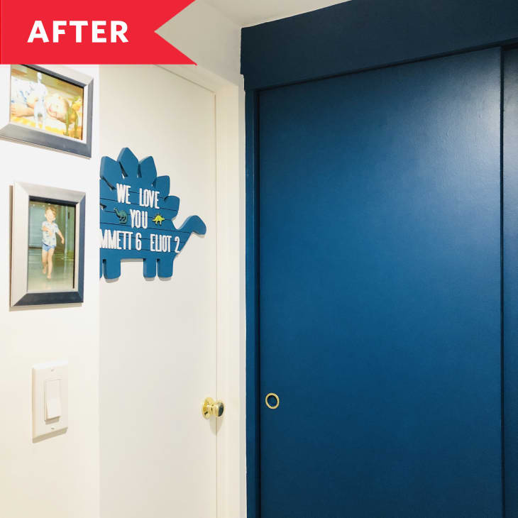 After: Blue sliding closet door and art on wall