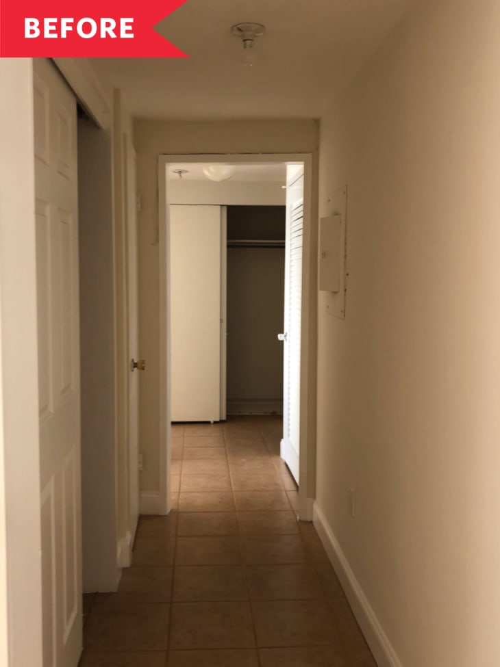 Before: Dark, empty hallway with white walls