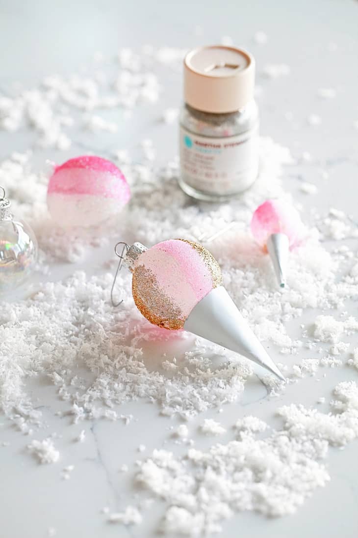 Sparkly pink ball ornaments with paper cone attached